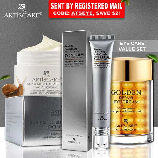 ARTISCARE Snail Facial Cream + Peptide Eye Serum + Golden Eye Cream 3pcs/Lot for Moisturizing and Dark Circles Face Care Essence