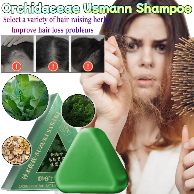 Usman Grass & Platycladus Herbal Shampoo Soap Natural Hair Loss Treat Strengthens Roots Controls Oil Cleanses Scalp Hair Growth