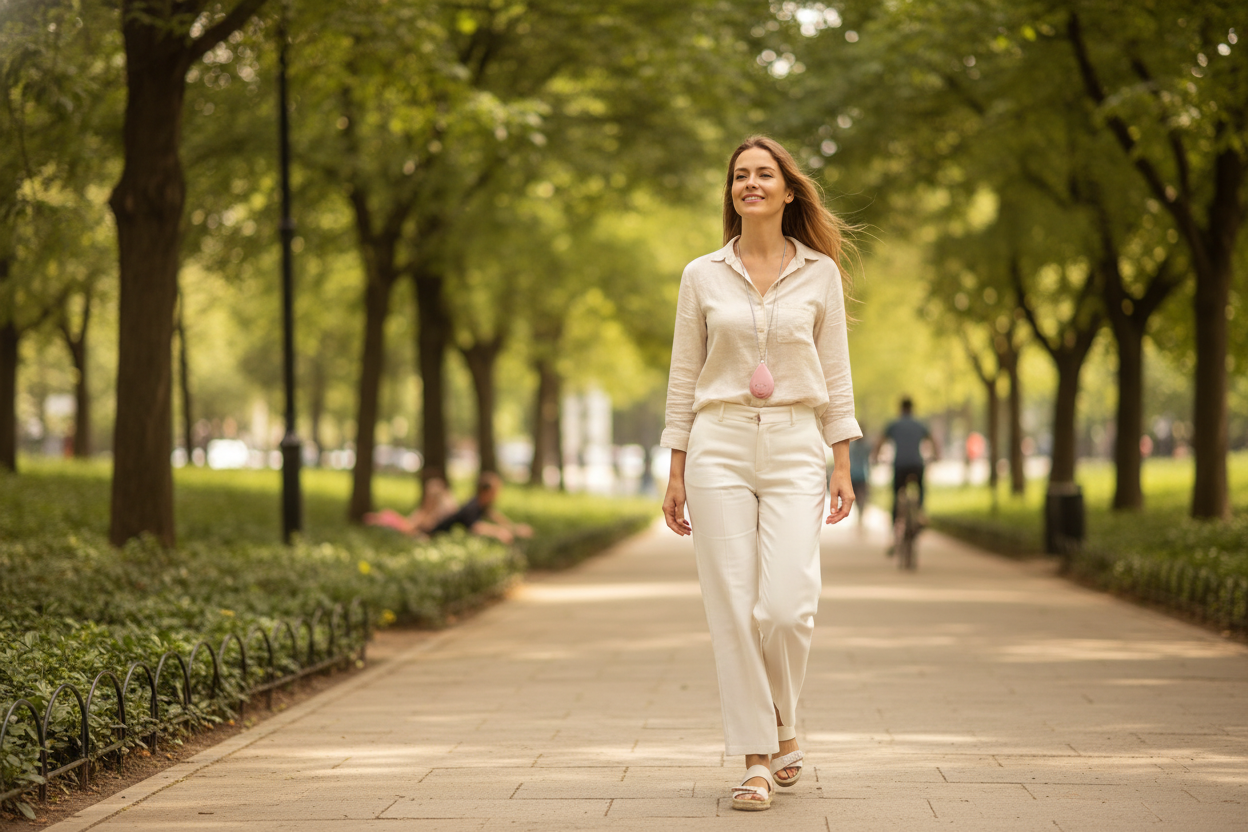 Femme portant le collier dans un parc